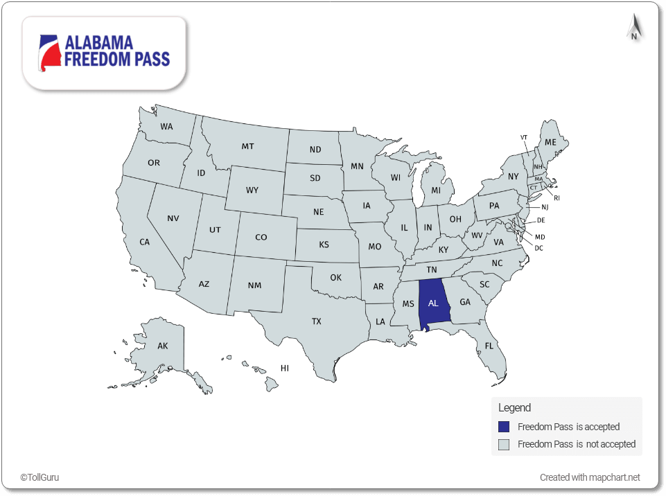 Freedom Pass is accepted in Alabama as prepaid system and can be used as mobile app for Apple or Android phones 