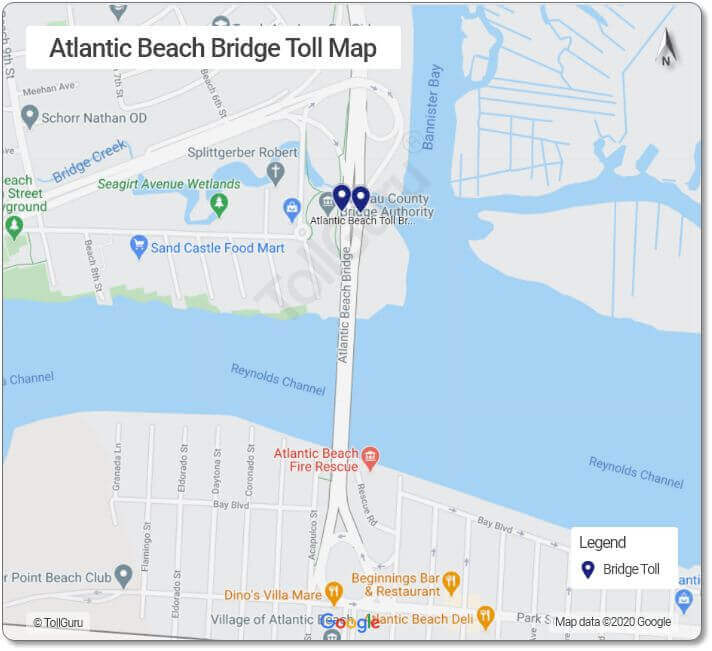 Toll booth locations on Atlantic Beach Bridge between Lawrence and Atlantic Beach to Rockaway Peninsula via Seagirt Boulevard