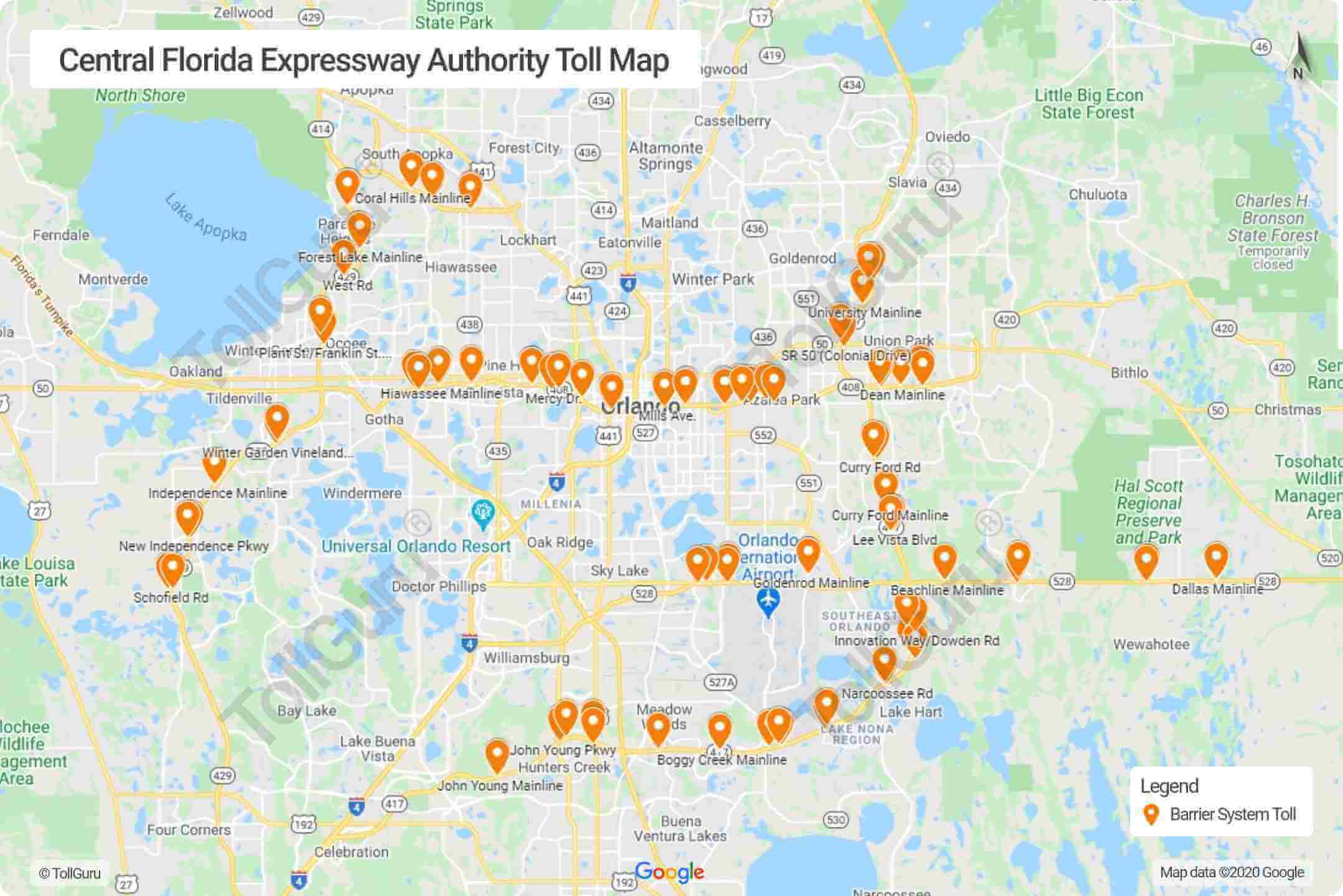 Central Florida Expressway Authority toll booth locations of Florida 408, Florida 414, Florida 417, Florida 429, Florida 528