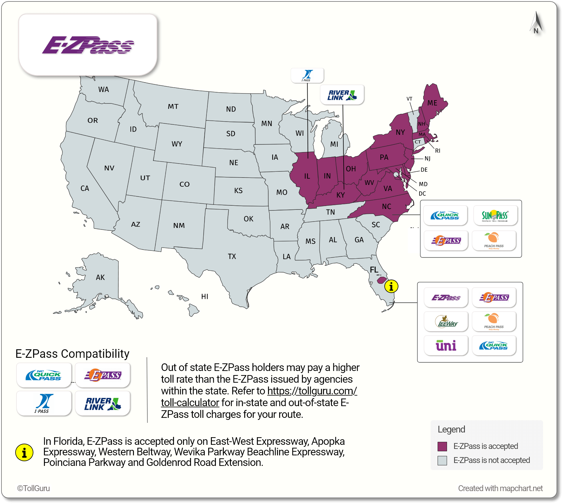 E-ZPass is accepted in New York. New Jersey, Central Florida and other states with I-Pass, E-Pass NCQuickPass and RiverLink