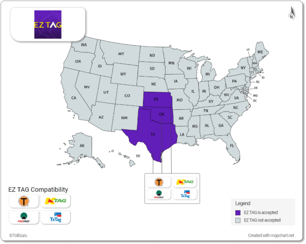 EZ Tag is accepted in Texas, Kansas and Oklahoma along with TxTag, PikePass, TollTag, and K-Tag