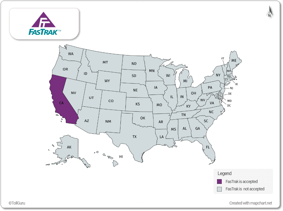 FasTrak is accepted in California as three accounts type FasTrak Prepaid, FasTrak Charge and FasTrak Invoice