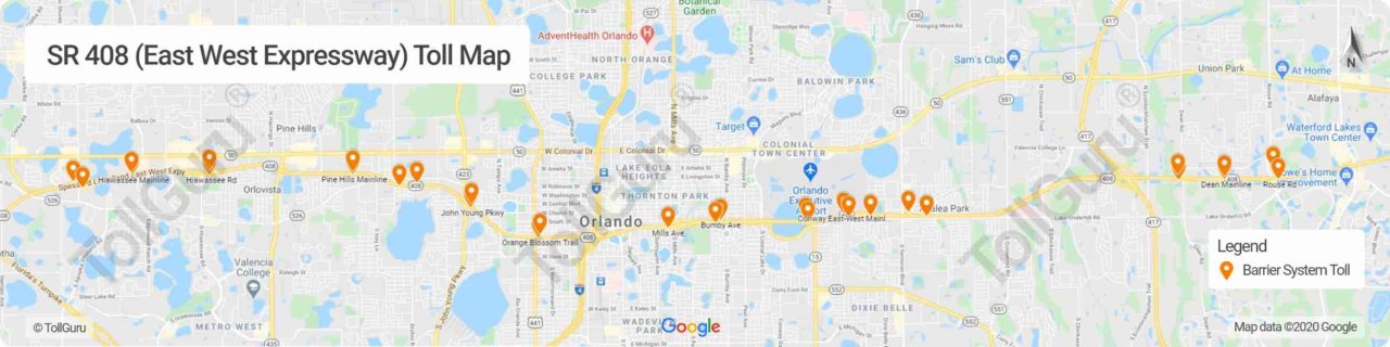 Toll booth locations on Florida 408 Expressway that runs east-west and takes to Amway Center, Camping World Stadium