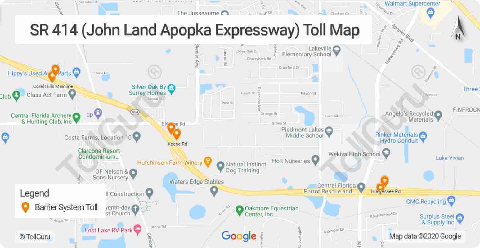 Toll booth locations on Florida 414 Expressway that extends south and east taking to Maitland Center and greater Apopka area. 