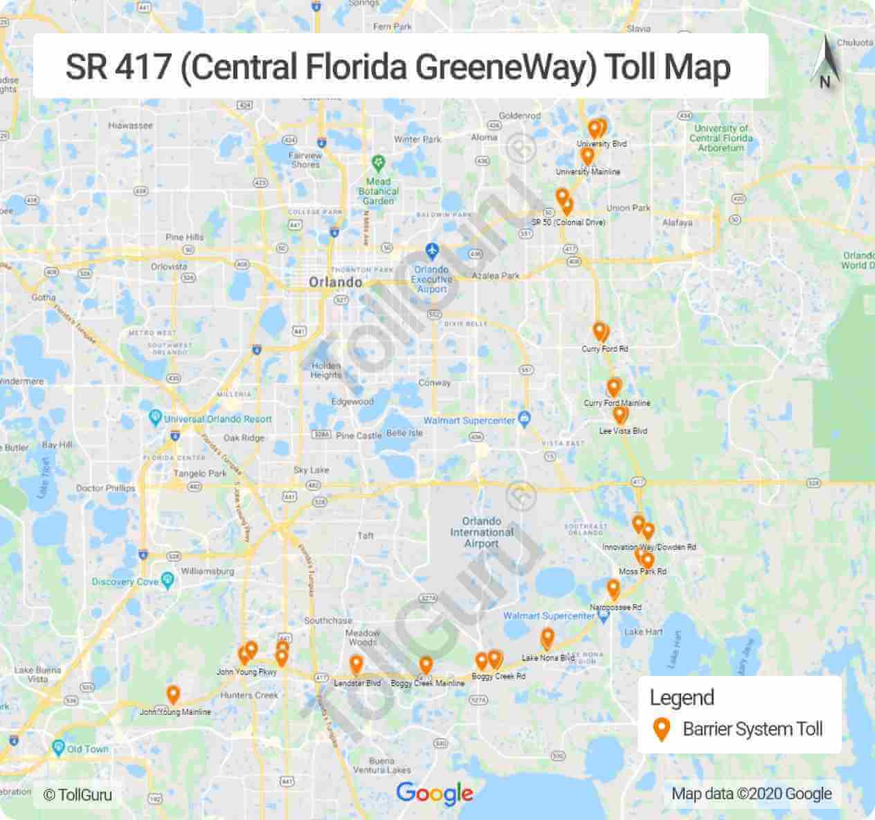 Toll booth locations on Florida 417 Expressway or the Central Florida GreeneWay from International Drive to Aloma Avenue