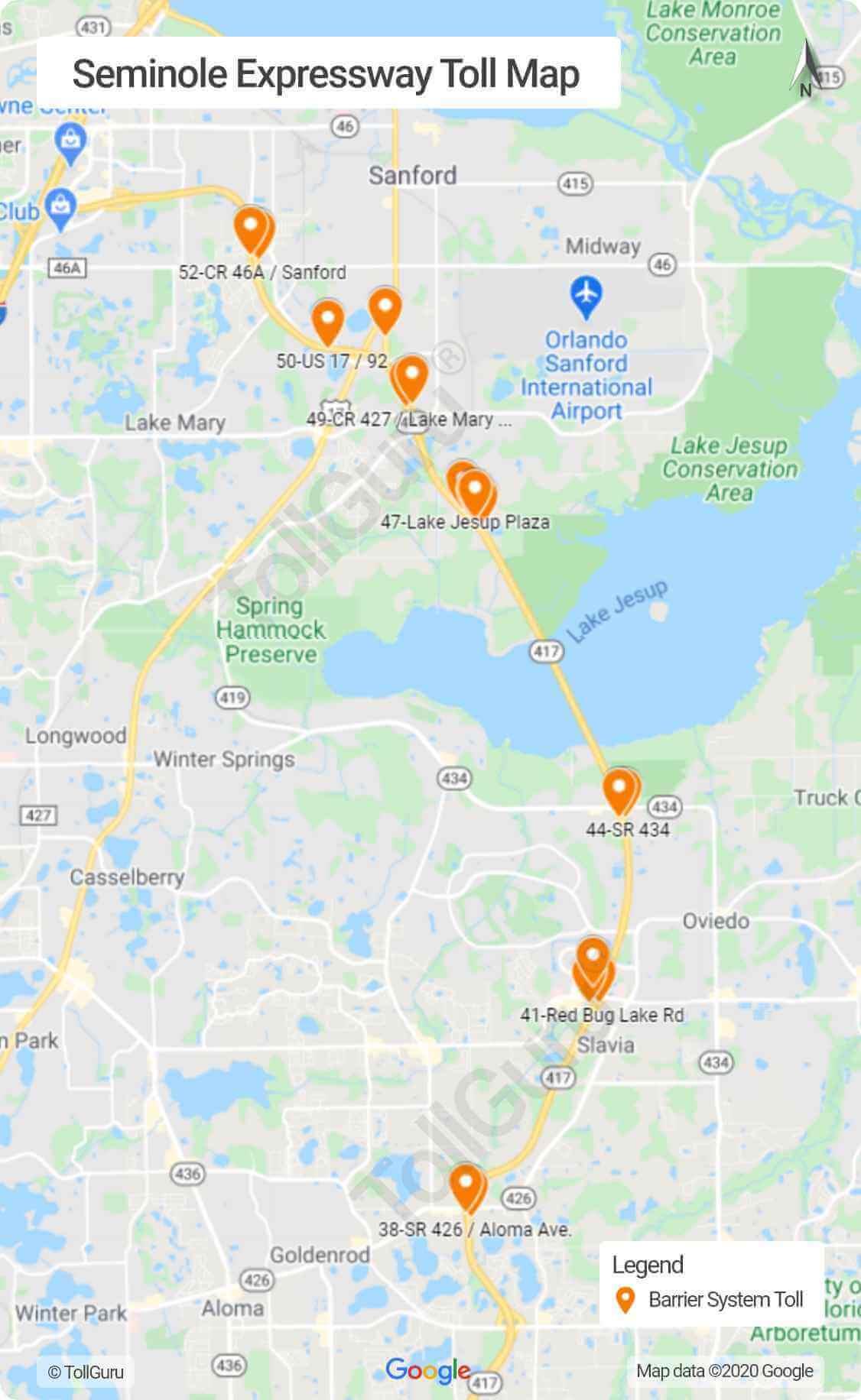 Toll booth locations on Florida 417 or Seminole Expressway which extends from the Seminole County line to Interstate 4