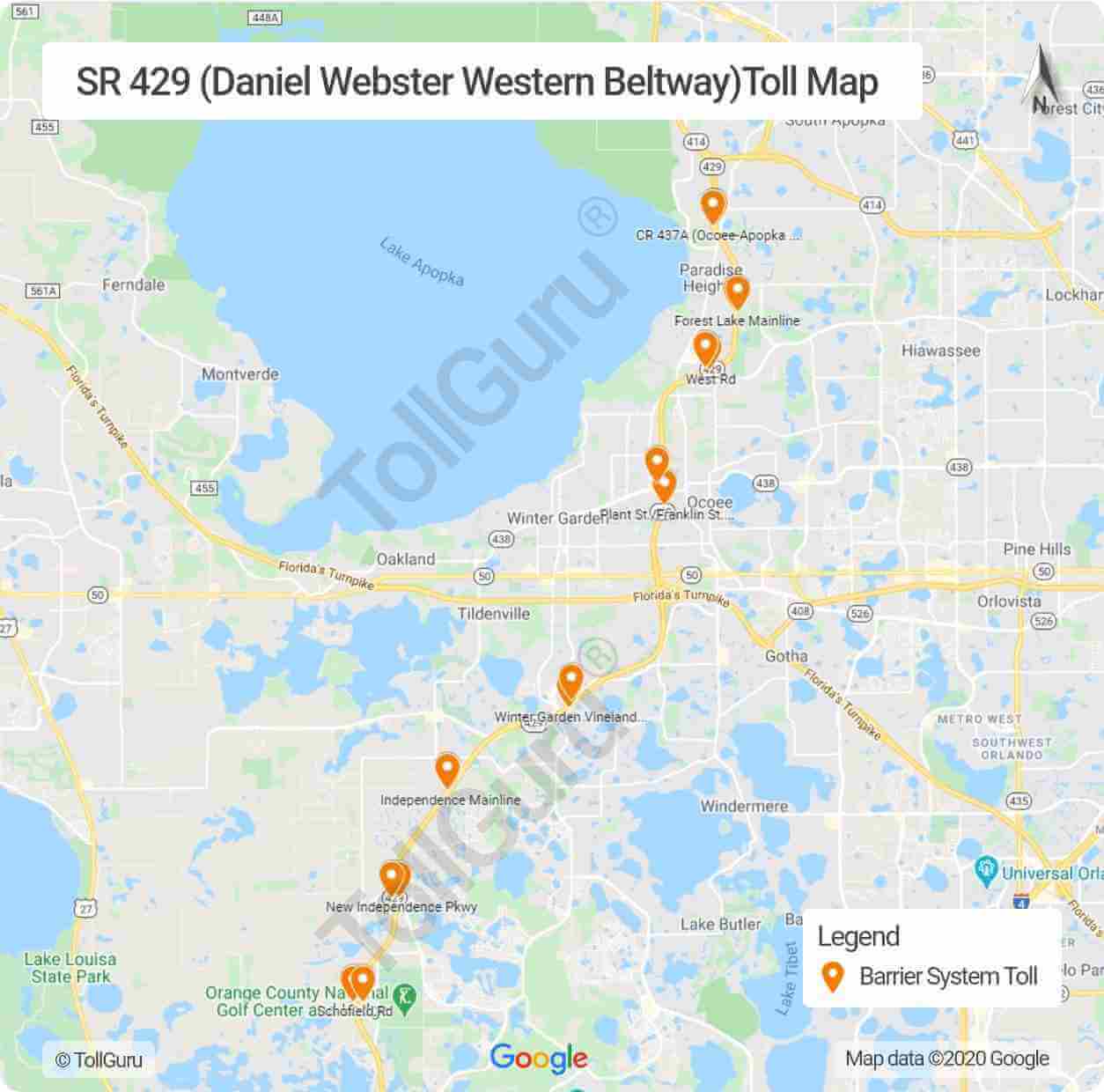 Toll booth locations on Florida 429 Expressway or Daniel Webster Western Beltway from US 441 to Interstate 4