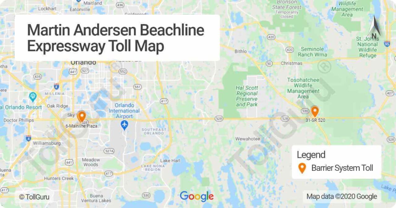 Toll booth locations of Florida 528 or Martin B. Andersen Beachline Expressway Toll Plazas in both east and west side