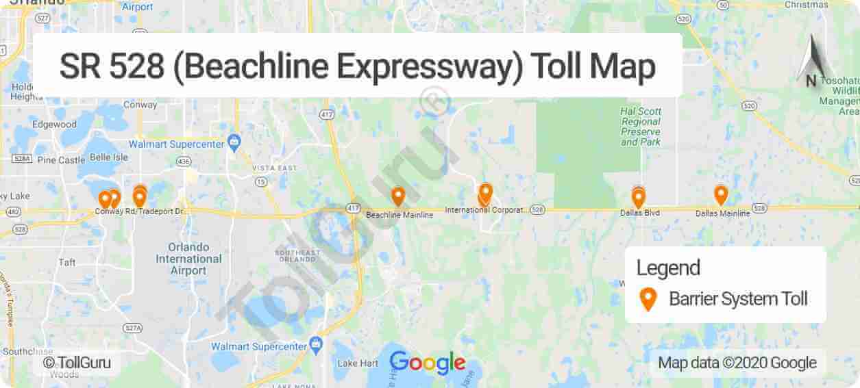 Toll booth locations on Florida 528 or Beachline Expressway joining Cape Canevral and Orlando International Airport