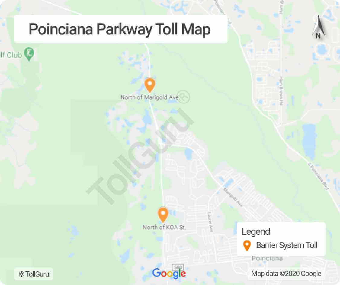 Toll booth locations of Florida 538 or Poinciana Parkway, a part of Metro Orlando area