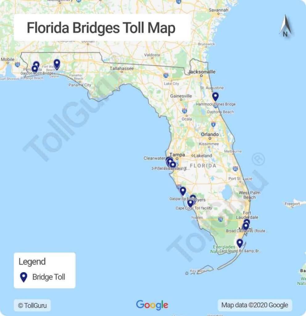 Toll booth locations of all tolled bridges in Florida including Sunshine Skyway Bridge and Cape Coral Bridge