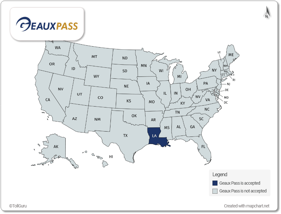 Geaux Pass is accepted in Louisiana including Crescent City Connection and the LA-1 Tollway