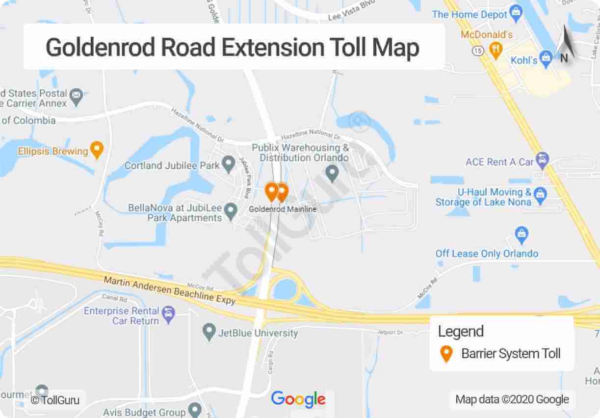Toll booth locations on Goldenrod Road extension along Florida 528 toll road