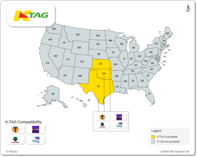 K Tag is accepted in Kansas, Texas and Oklahoma along with TxTag, PikePass, TollTag, and EZ Tag