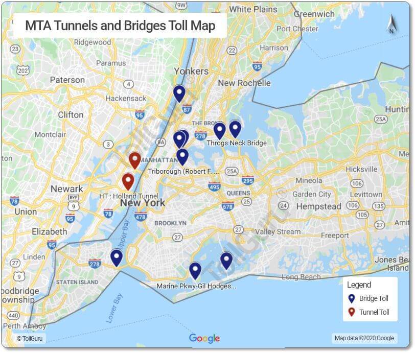 Toll booth locations of MTA Tunnels and Bridges as Throgs Neck Bridge, Triborough Bridge and Henry Hudson Bridge