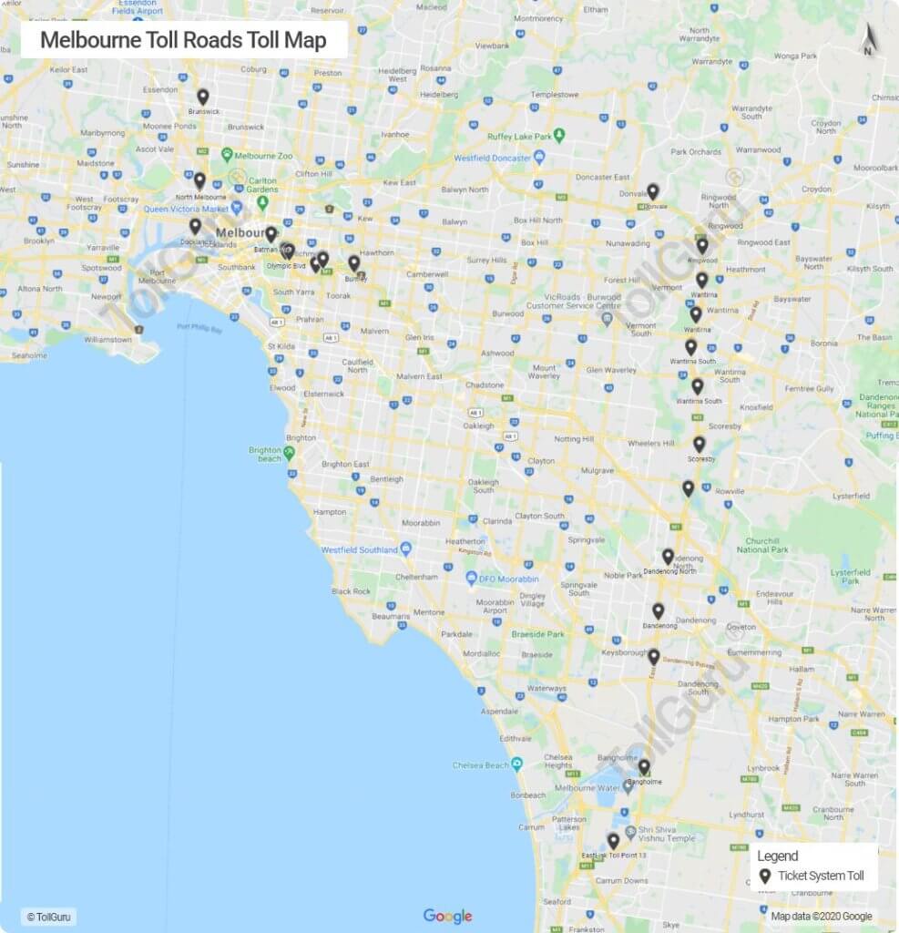 Melbourne toll booth locations on all toll roads including CityLink, Eastlink Roads and Batman Avenue