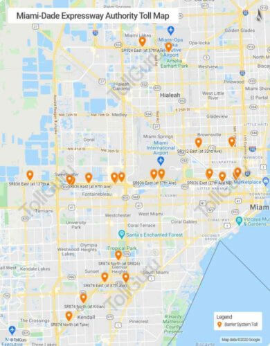 Toll booth locations of Miami-Dade Expressway Authority roads as Florida 924. Don Shula Expressway, Florida 836