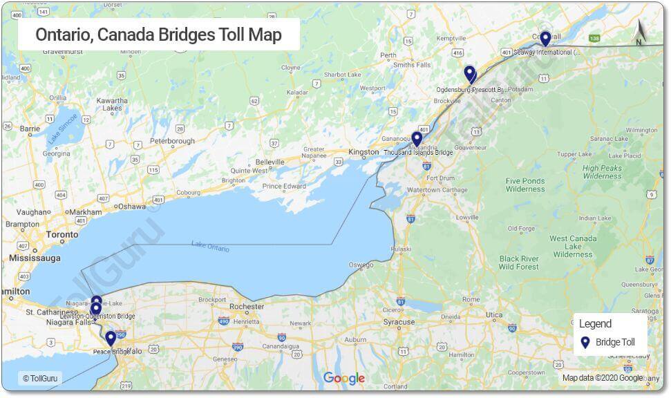 Toll booth locations on bridges between NY and Ontario like Rainbow Bridge, Peace Bridge, Thousand Islands Bridge 