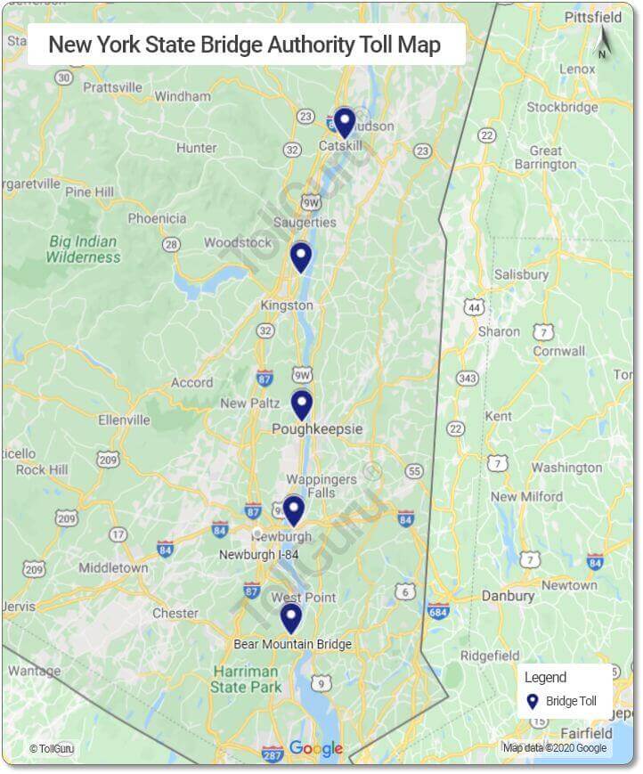 Toll booth locations of New York State Bridge Authority on the Hudson between Bear Mountain and Rip Van Winkle Bridges