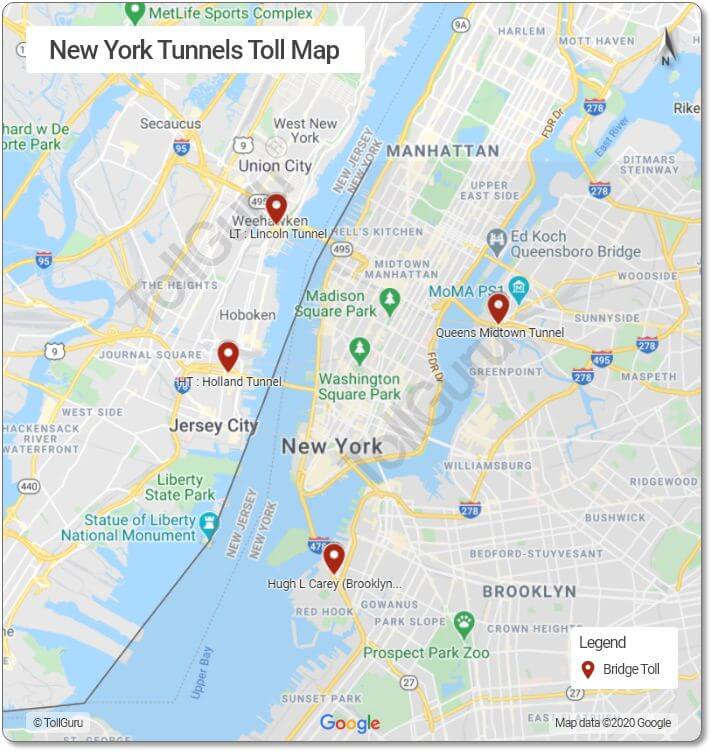 Toll booth locations of NY tunnels as Lincoln Tunnel, Holland Tunnel, Queens Midtown Tunnel 2 Tubes and Hugh L Carey Tunnel