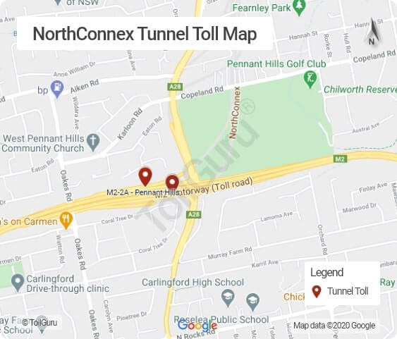 North Connex Map showing its toll booth location of Northconnex Tunnel