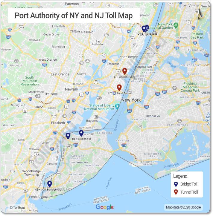 Toll booth locations between New York City and New Jersey bridges and tunnels like George Washington Bridge, Lincoln Tunnel 