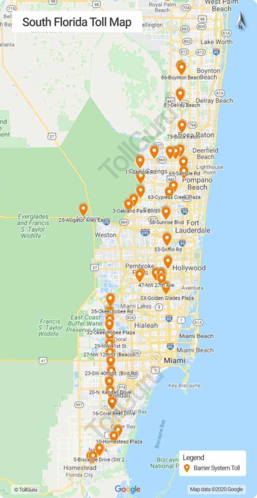 Toll booth locations on South Florida toll roads near Miami including Florida 821, Sawgrass Expressway and Alligator Alley 