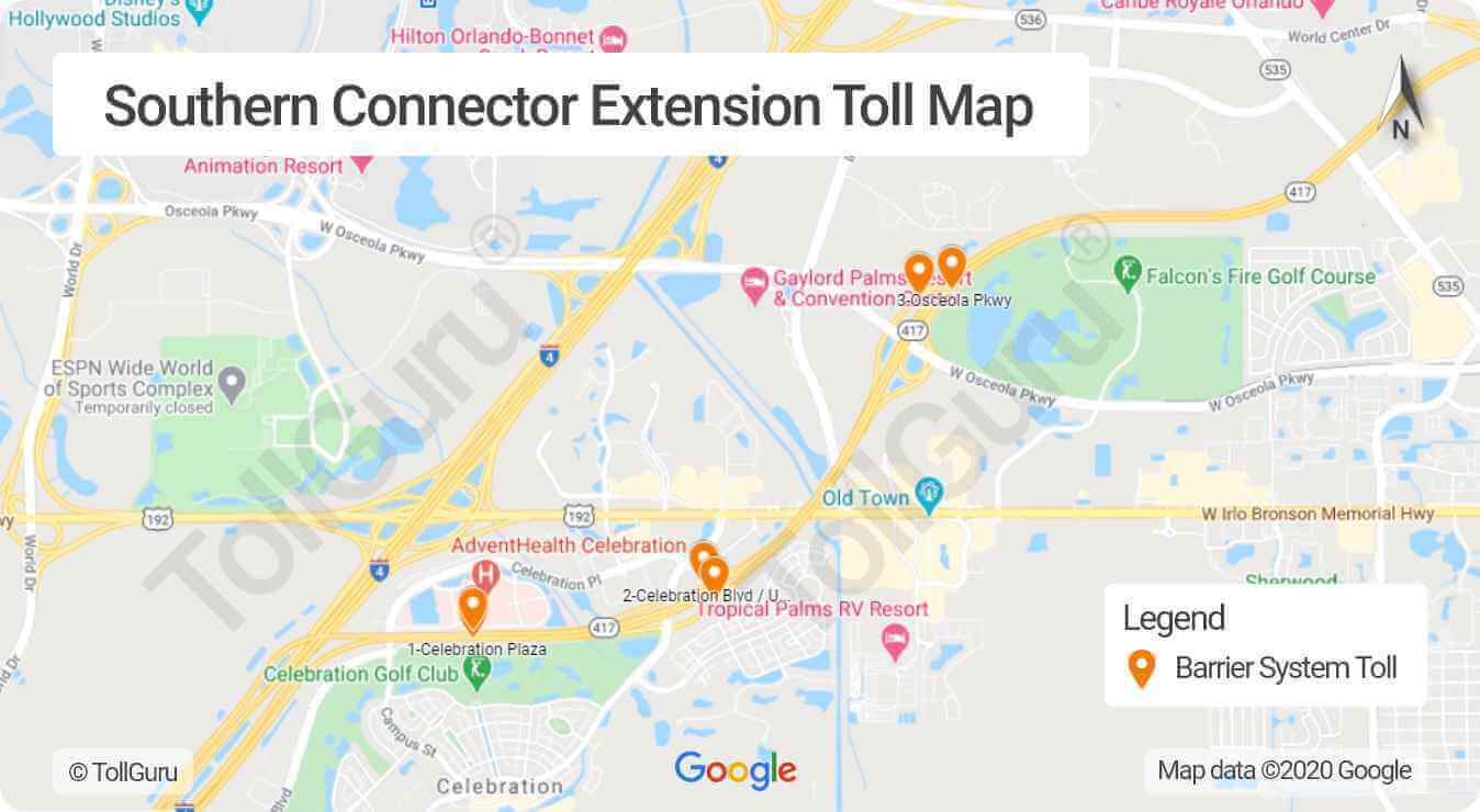 Toll booth locations on Southern Connector Extension or Southern end of the Central Florida or Eastern Belt of Orlando