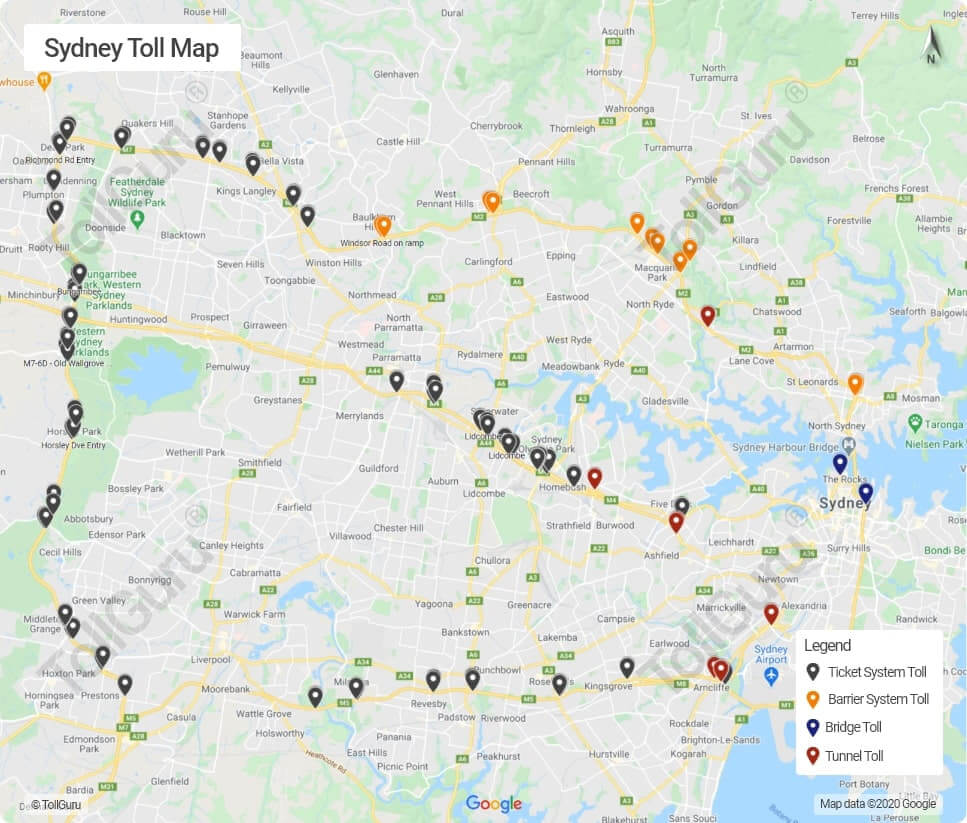 Sydney toll booth locations on all toll roads including Sydney Harbour Bridge, Sydney Harbour Tunnel, NorthConnex Tunnel 