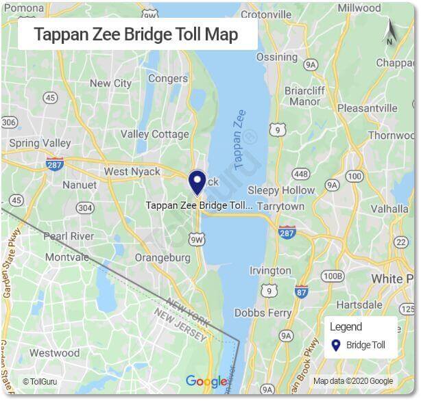 Toll booth locations on Tappan Zee Bridge across the Hudson River to New York State Thruway, I-87 and I- 287