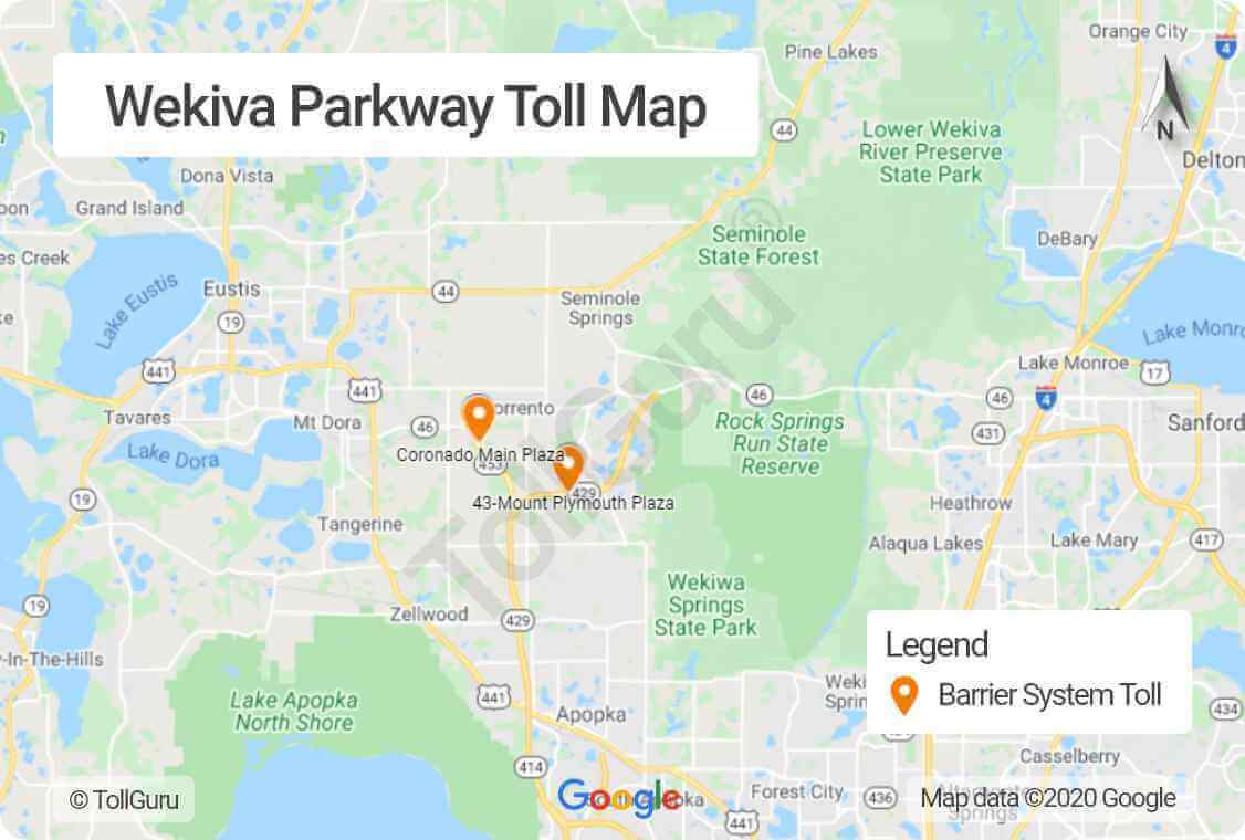 Toll booth locations of Wekiva Parkway part of Central Florida Beltway encircling Metro Orlando