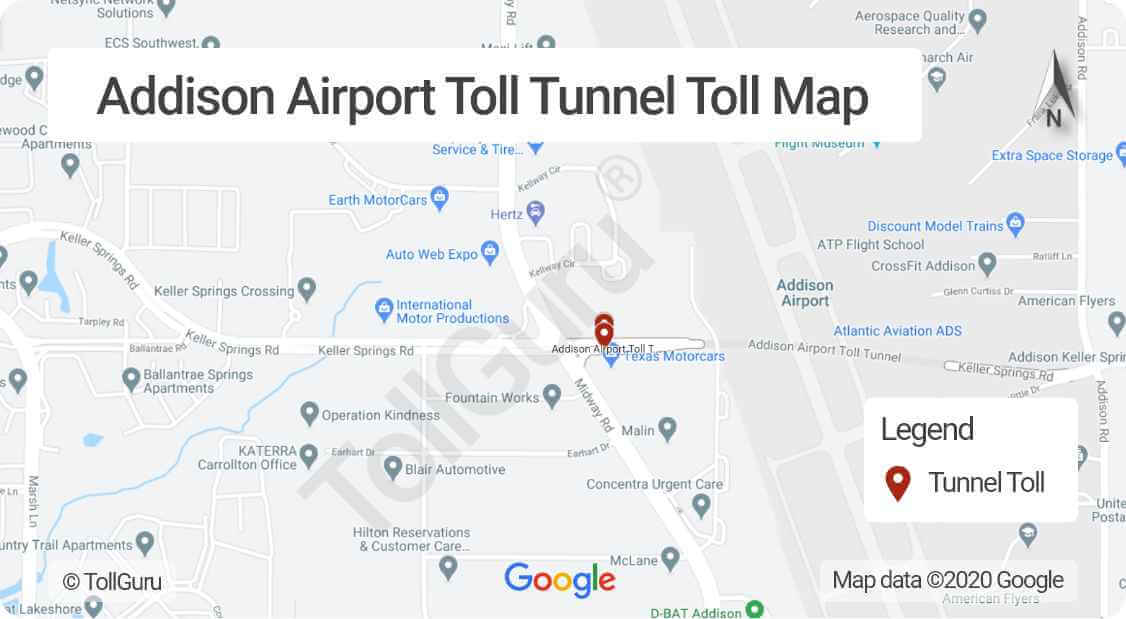 Toll booth locations on Addison Airport Toll Tunnel (AATT) between Dallas North Tollway and I-35E under the Addison Airport runway