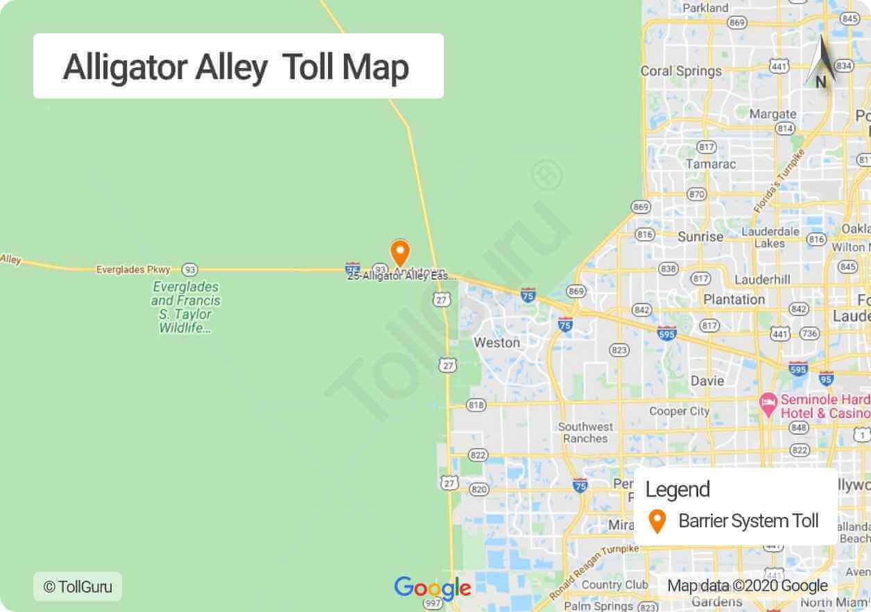 Toll booth locations on the Alligator Alley connecting the east and west coasts between Naples Fort Lauderdale