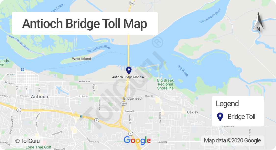 Toll booth location of Antioch Bridge over San Joaquin River between Antioch and Sherman Island in southern Sacramento County