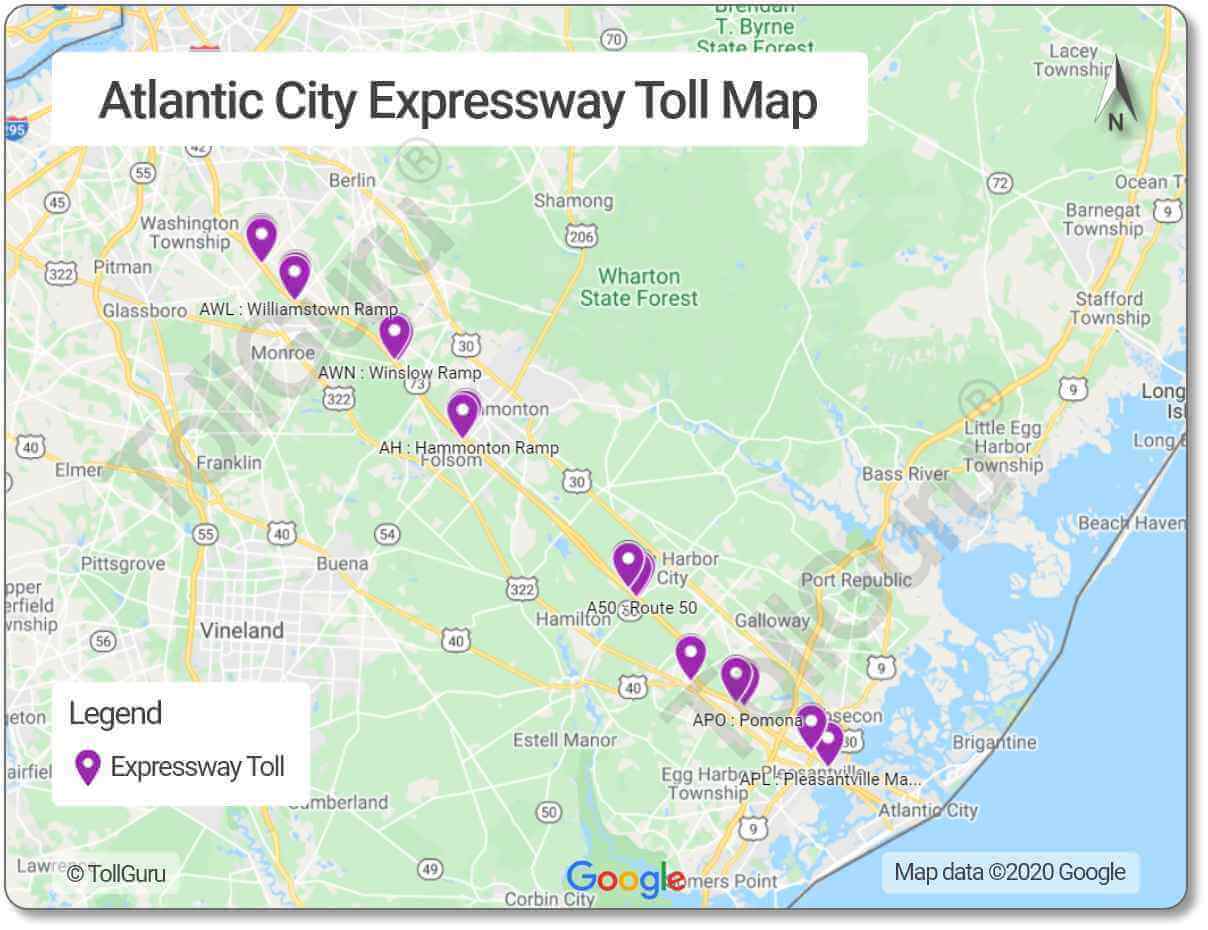 Toll booth locations of Atlantic City Expressway between Delaware Valley and Atlantic City including Egg Harbor 