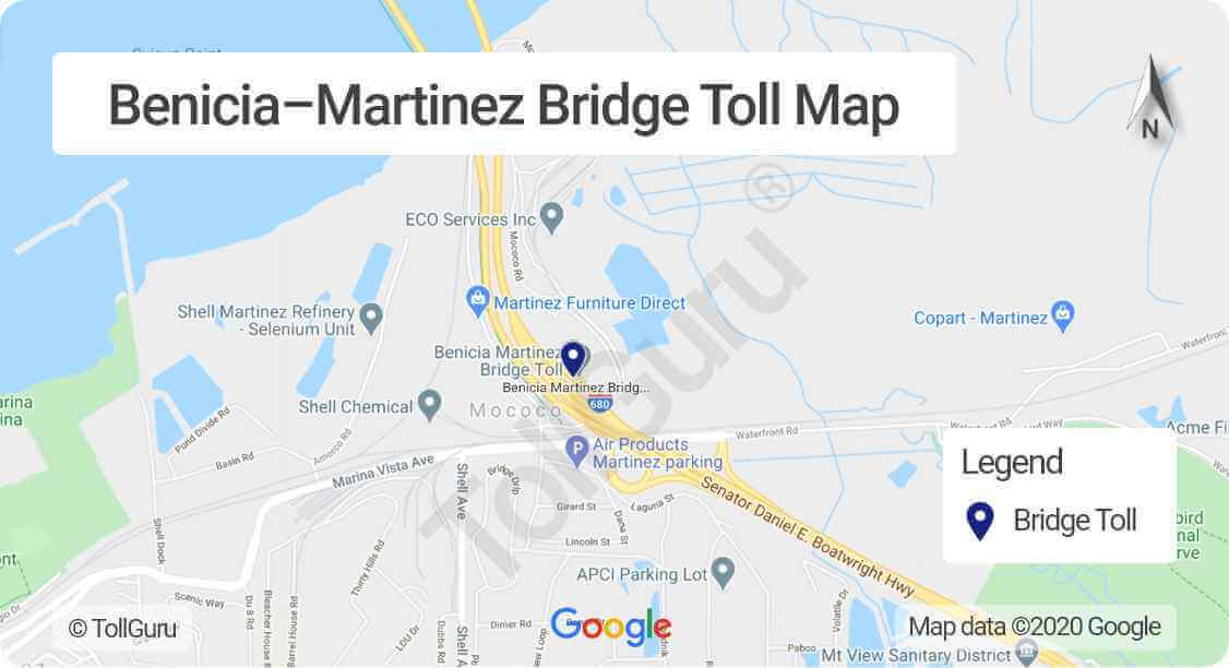 Toll booth location of Benicia Martinez Bridge which is between Benicia on the north side with Martinez on the south