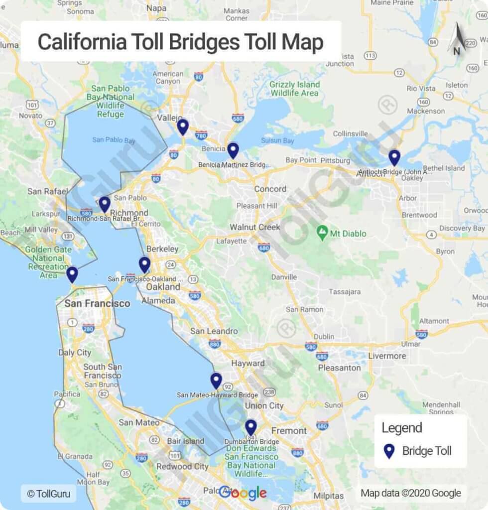 Toll booth locations on all the toll bridges of California including Golden Gate bridge and Carquinez Bridge