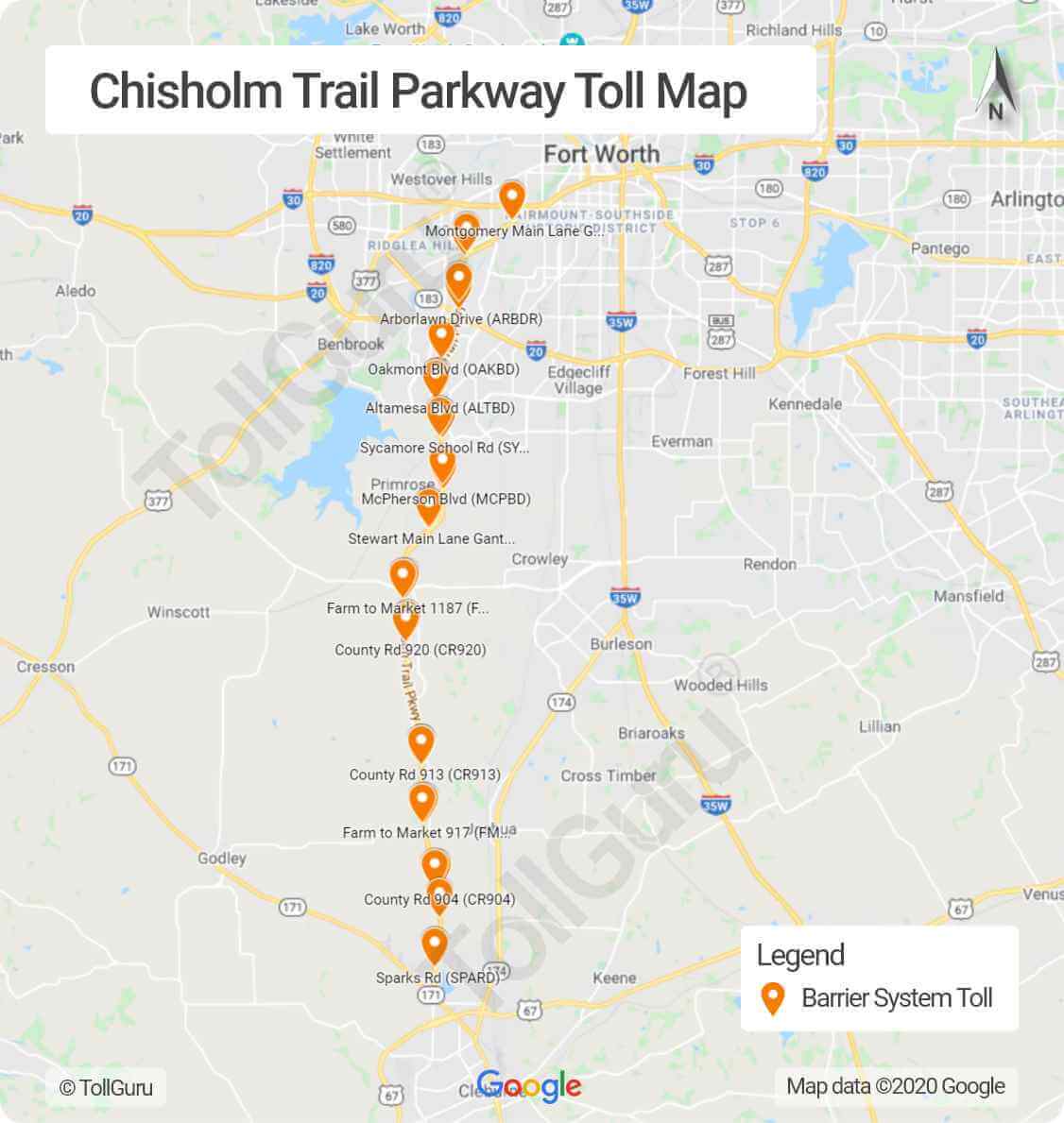 Toll booth locations on Chisholm Trail Parkway between downtown Fort Worth south and Cleburne including Burleson