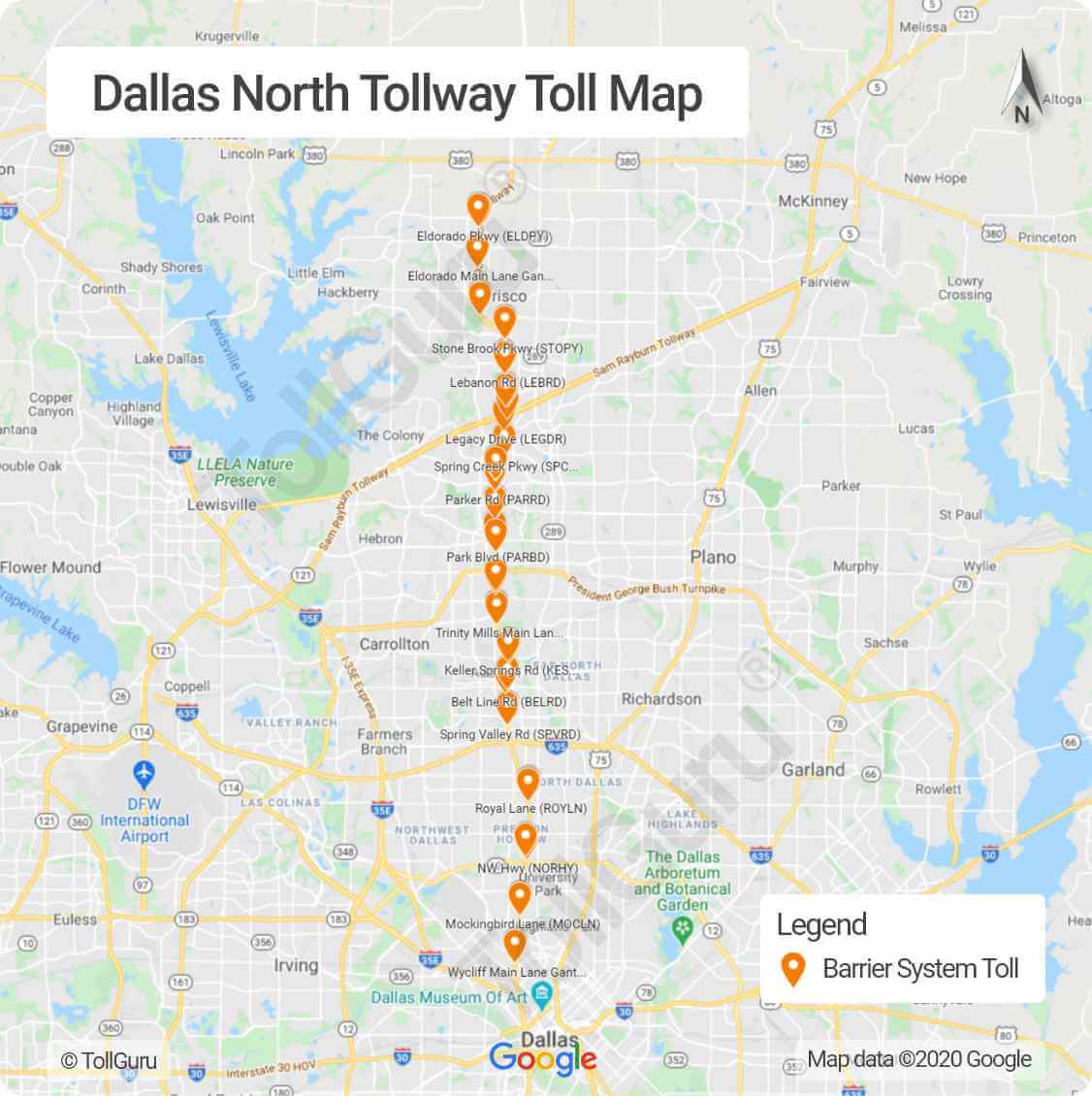 Toll booth locations on Dallas North Tollway between Dallas, Collin and Denton through Highland Park and University Park