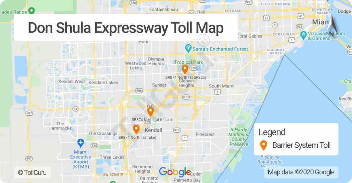 Toll booth locations of Don Shula Expressway from Florida 821 to Florida 826 between Kendall and parts of Miami Dade county