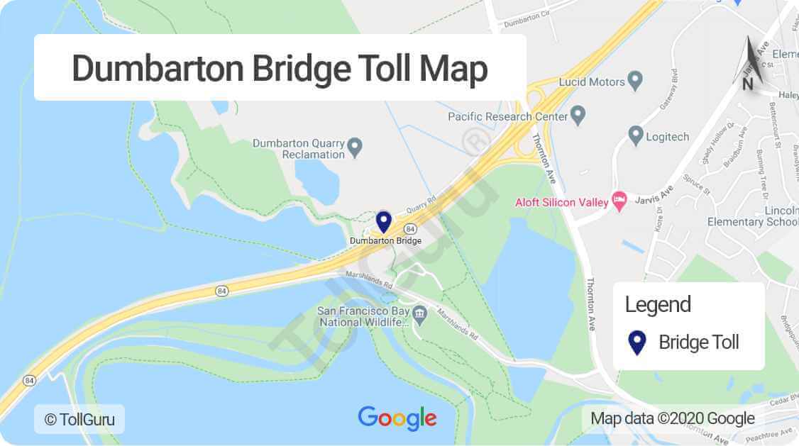 Toll booth location of Dumbarton Bridge between Fremont, in San Francisco Bay National Wildlife Refuge and Menlo Park