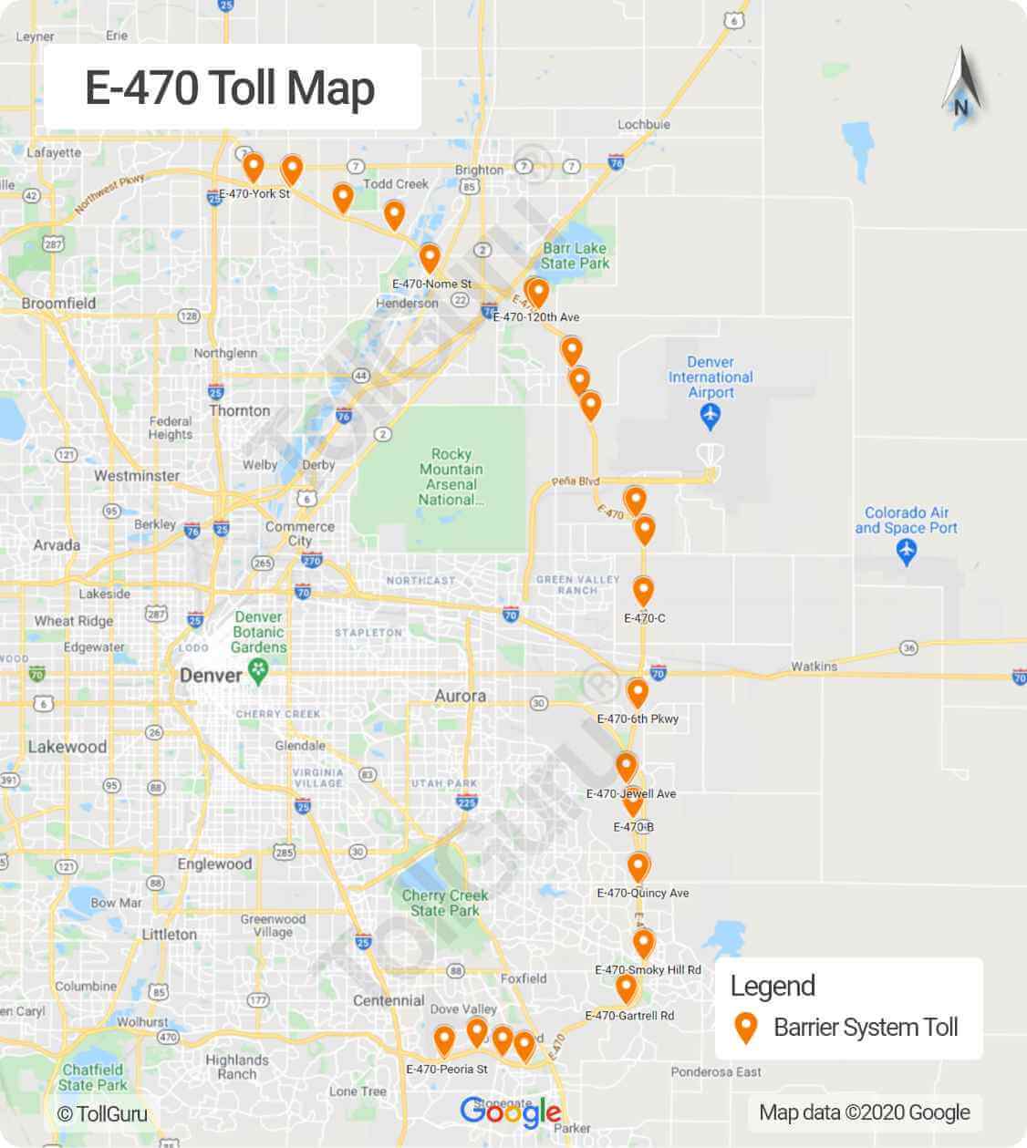 Toll booth locations on E 470 toll road in Denver through Denver International Airport, Brighton, Douglas County and Adams County 