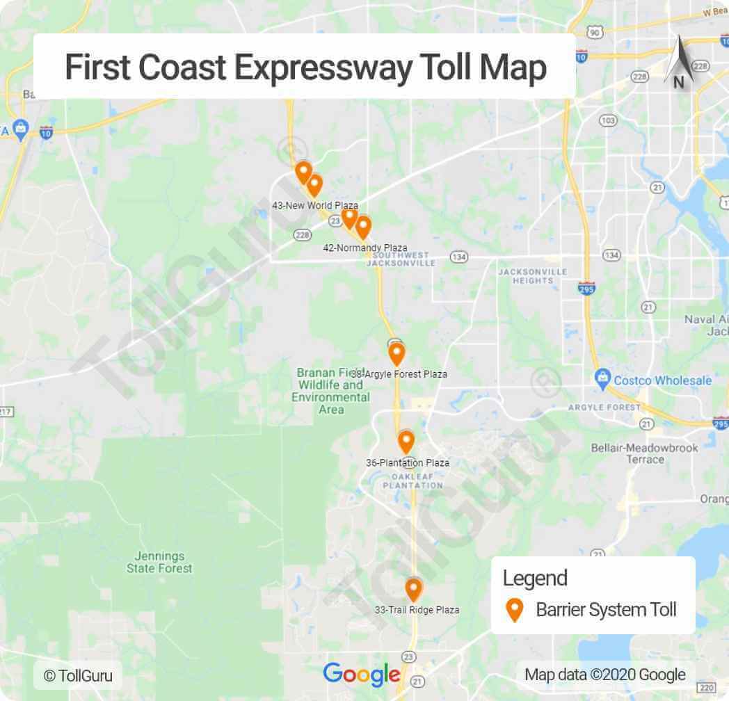 Toll booth locations on Florida 23 or First Coast Expressway around southwest quadrant of Jacksonville