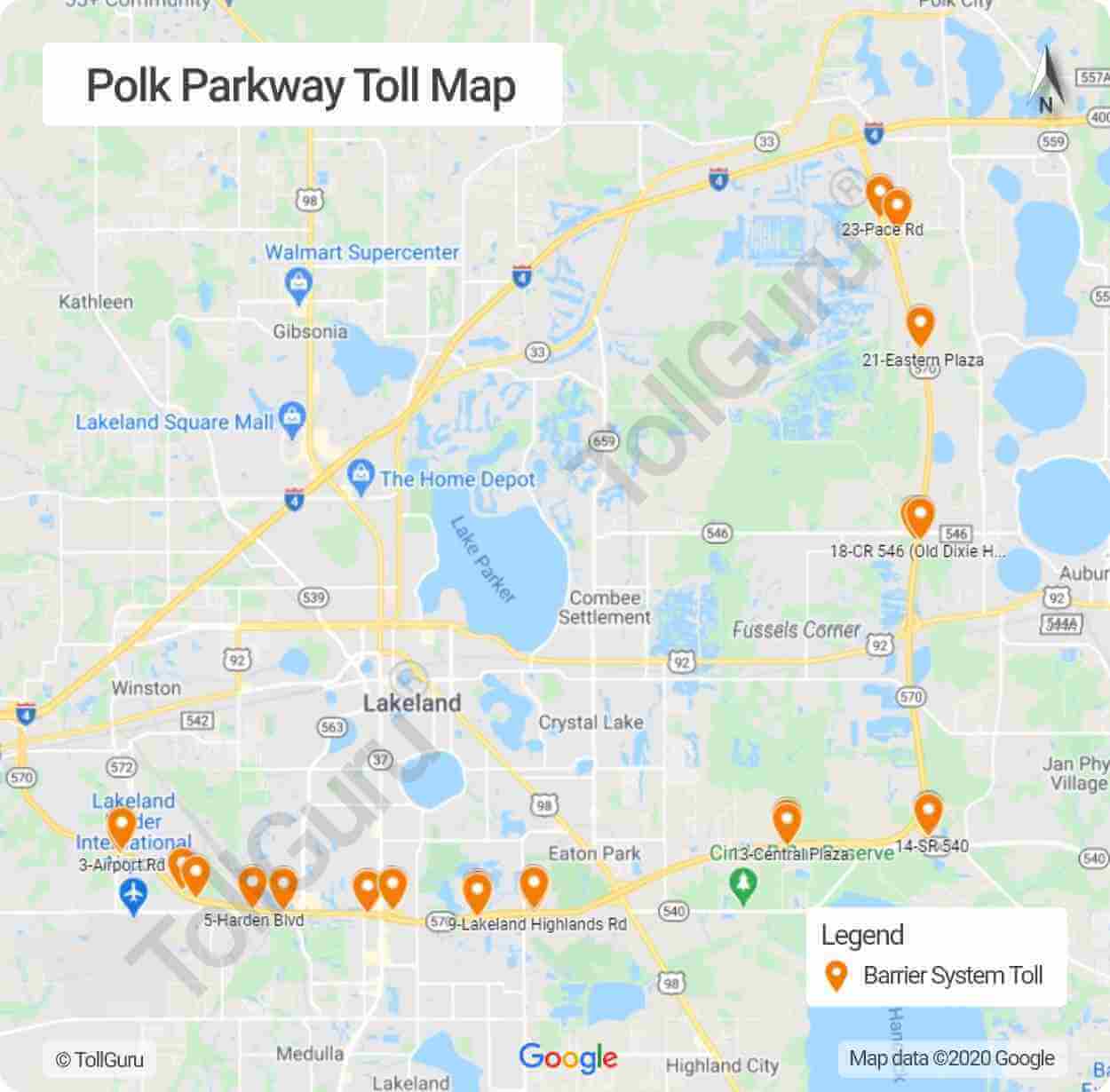 Toll booth locations on Florida 570 or Polk Parkway in Polk county as a beltway around Lakeland