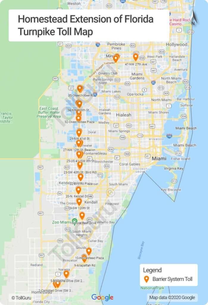 Toll booth locations on Florida 821 or Homestead Extension of Florida Turnpike between Interstate 95 to Homestead 