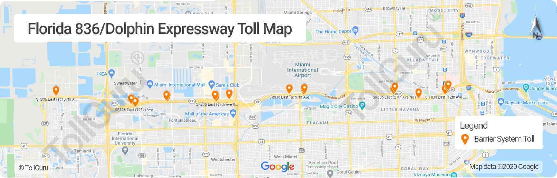 Toll booth locations on Florida 836 or Dolphin Expressway between downtown Miami with MIA and the western suburbs