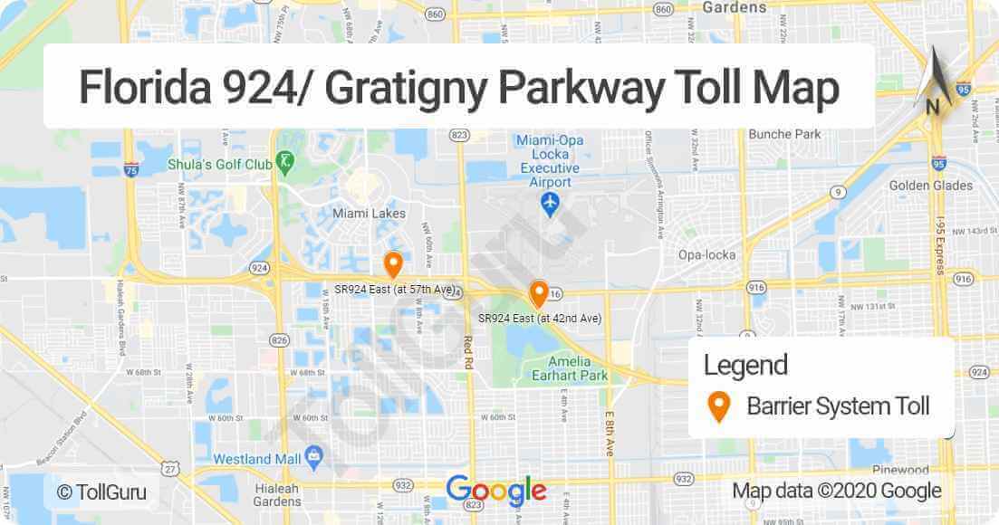 Toll booth locations of Florida 924 or Gratigny Parkway between Miami Lakes to Opa-Locka