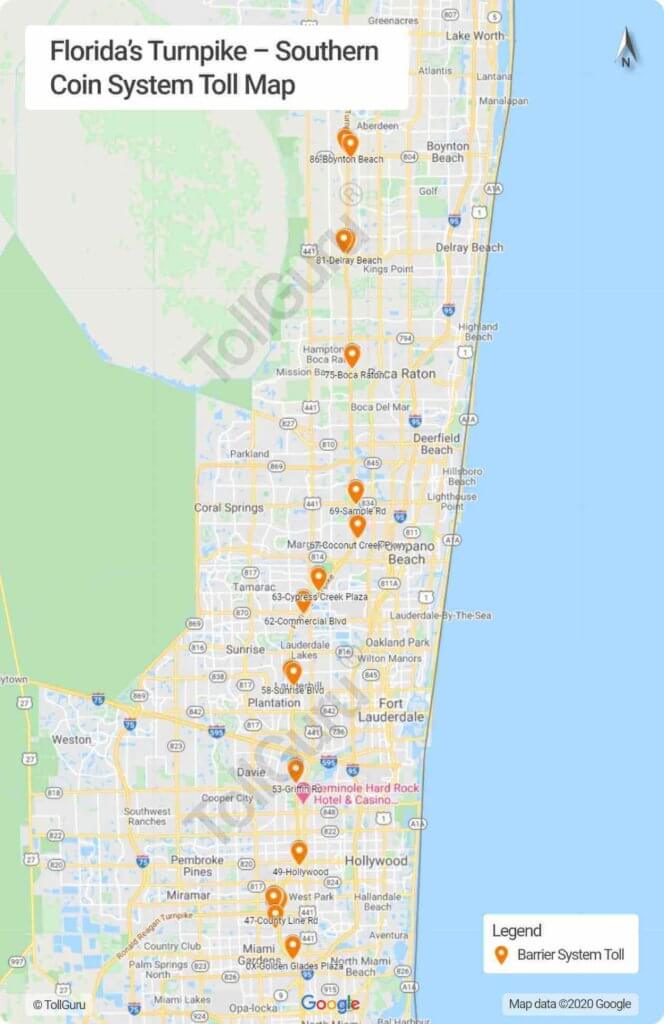 Toll booth locations of Florida’s Turnpike System on the south section of the Mainline 