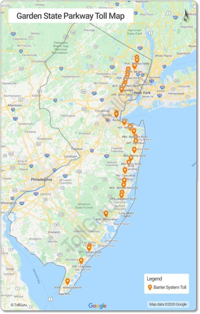 Toll booth locations of Garden State Parkway across New Jersey and with New York as Garden State Parkway Connector 