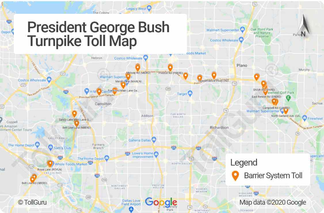 Toll booth locations on George Bush Turnpike, Texas leading to DFW International Airport, I635 and Interstate 35E